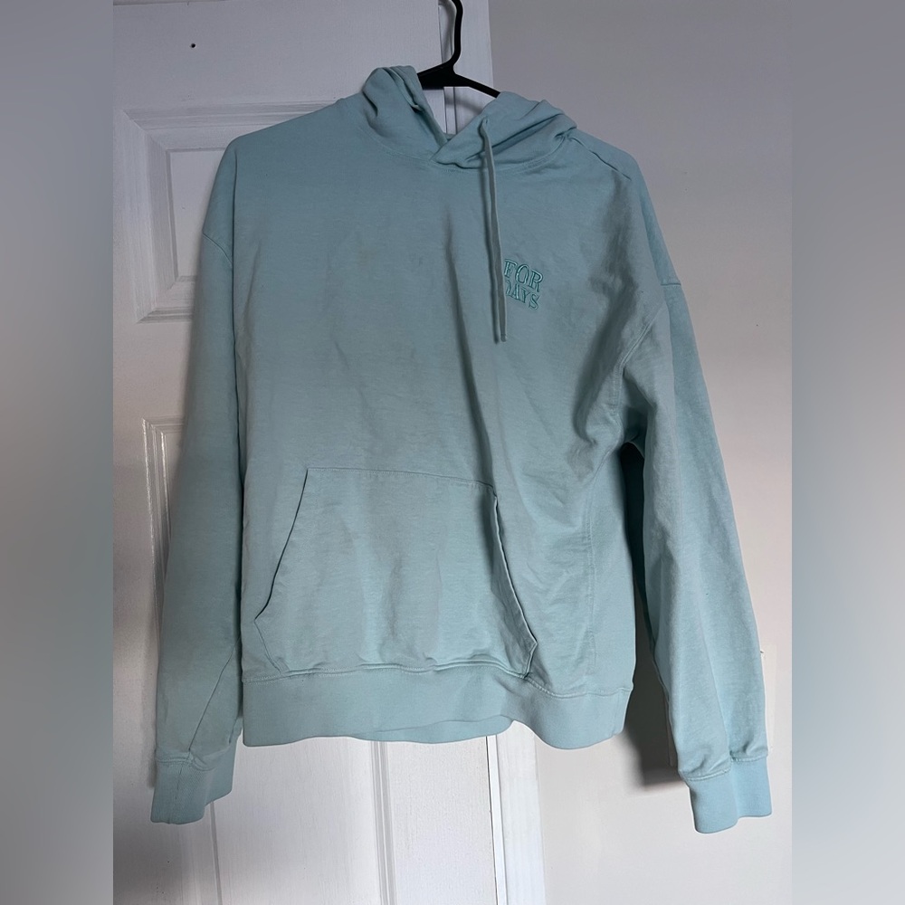 For Days Unisex Turquoise Hoodie Long Sleeve Pullover Organic Cotton Size Medium